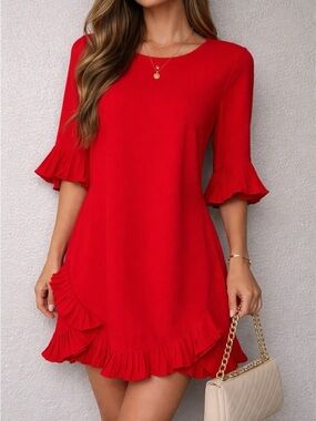 Red Ruffle Sleeve A-Line Dress
